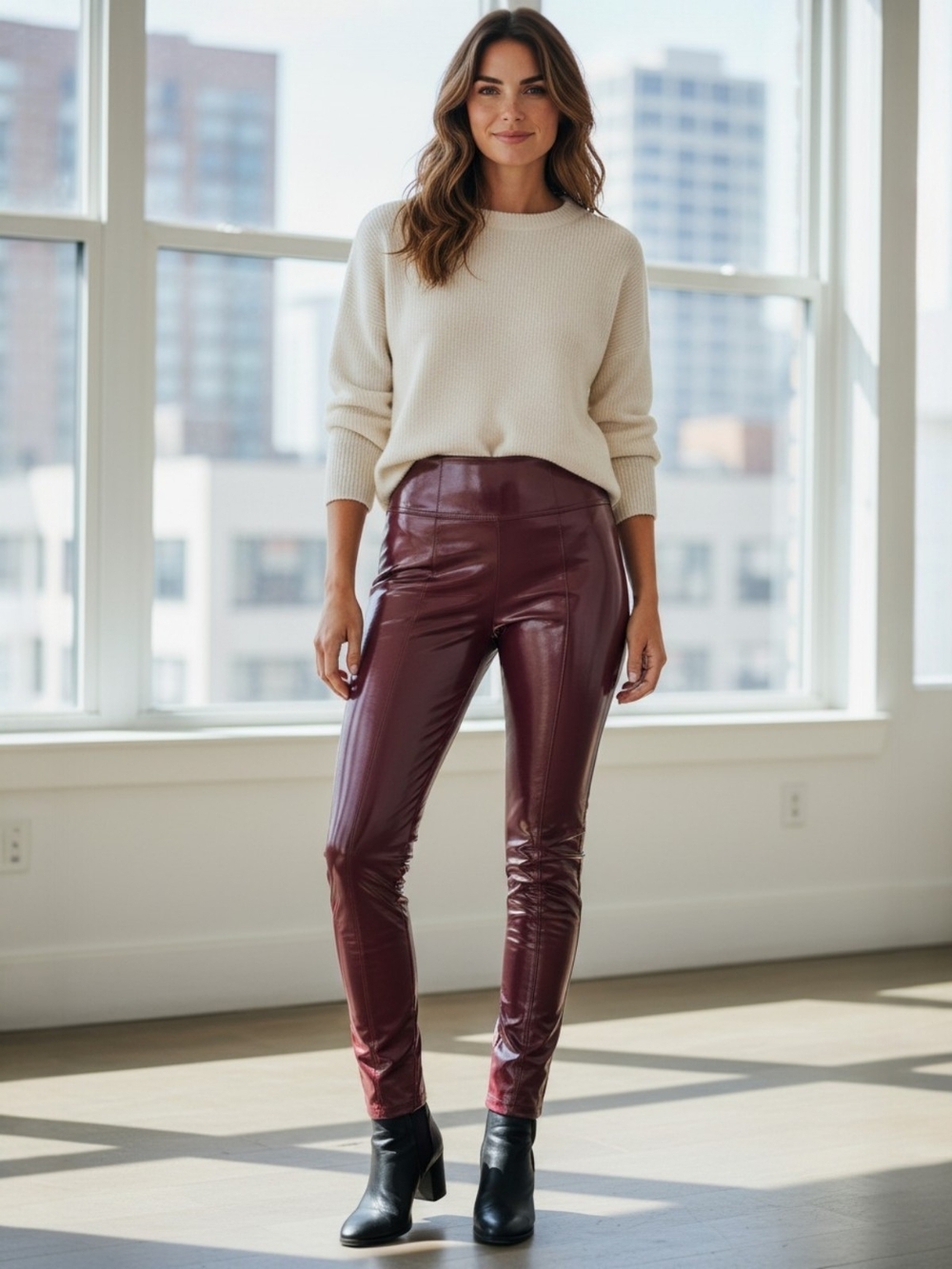 SPANX Size Large Vegan Leather Shaping Leggings Burgundy High Waist Pants Edgy